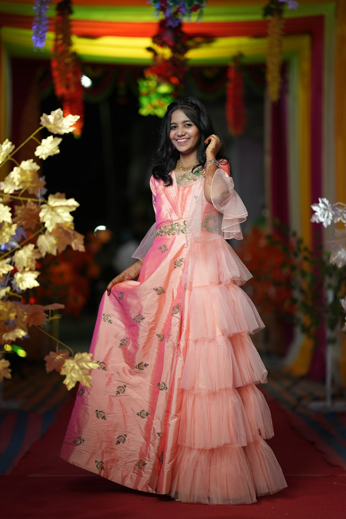 Aadoo Tiered Ruffle Gown in Peach — view 1