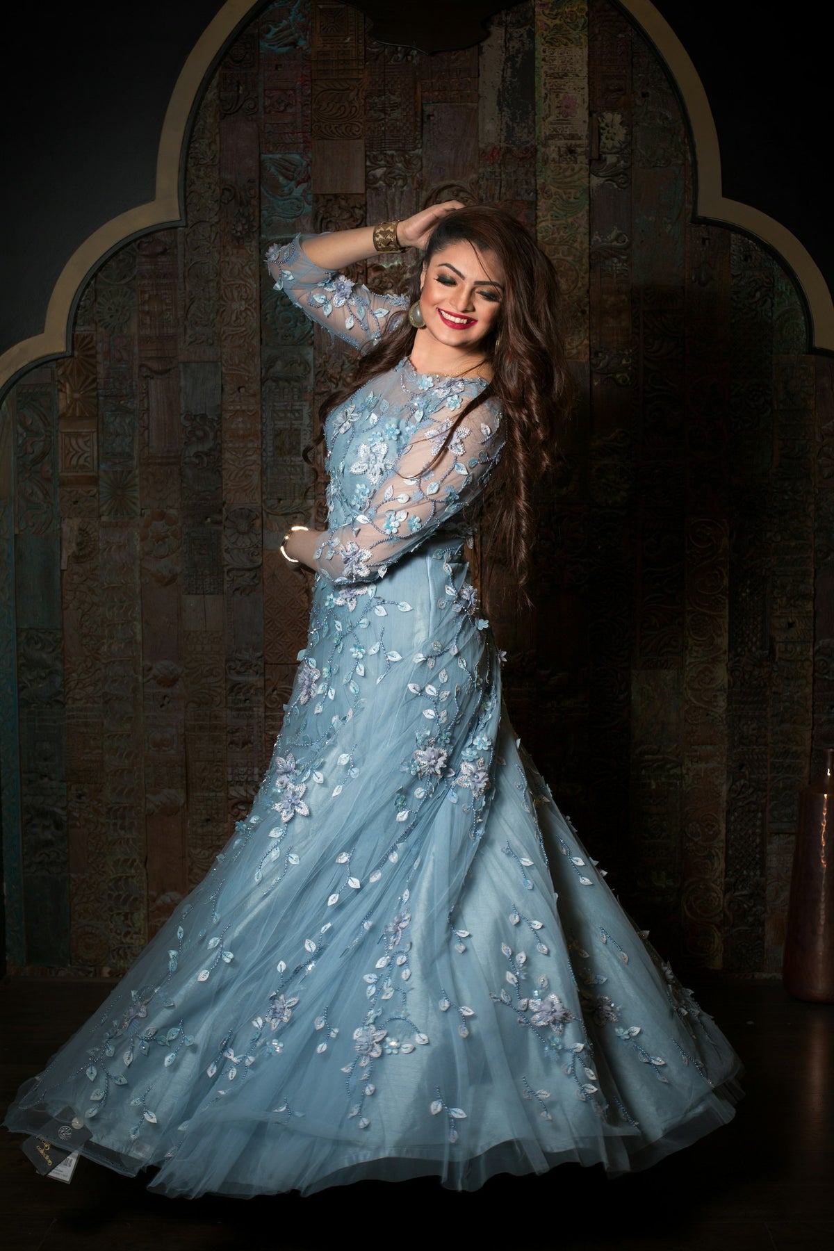 Aasmani Floral Applique Gown in Powder Blue — view 1