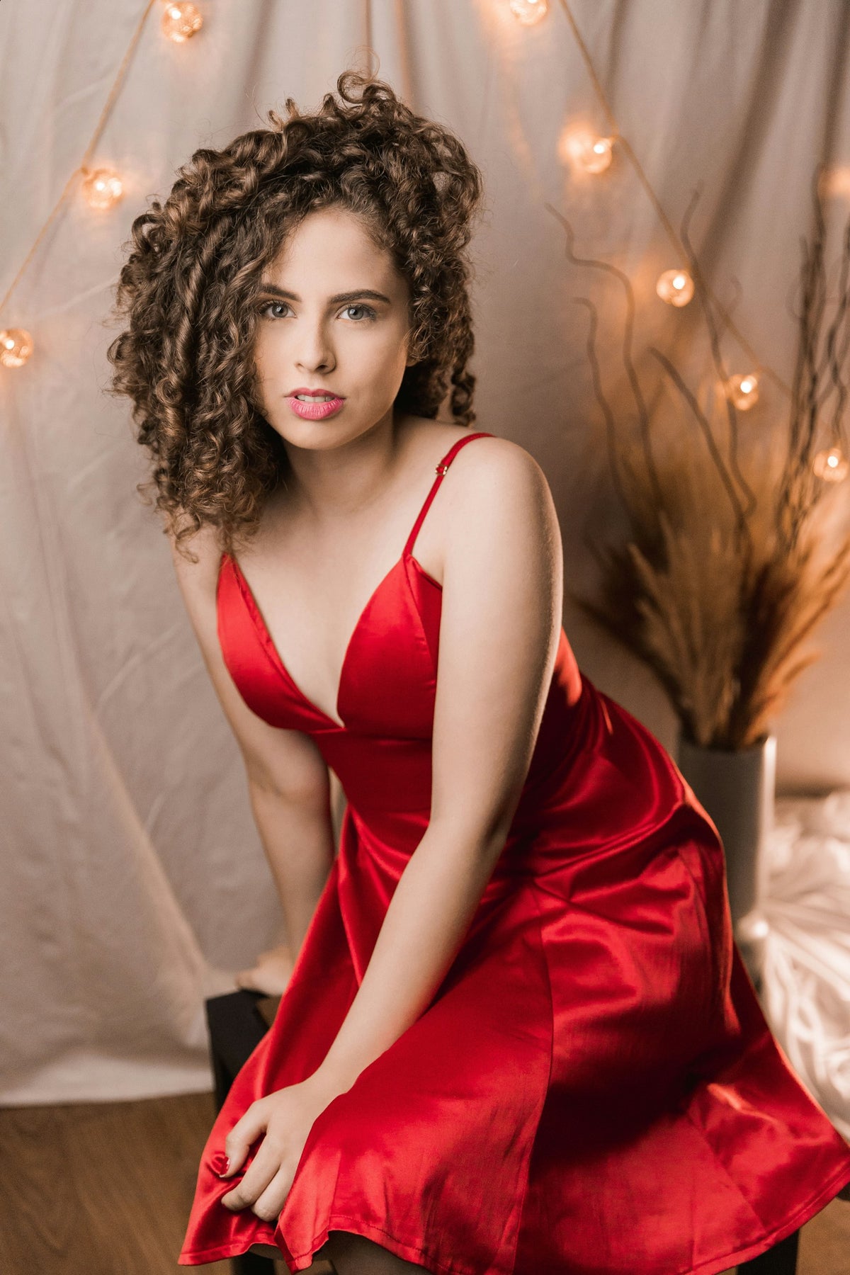 Agni Satin Plunge Dress in Red — view 1