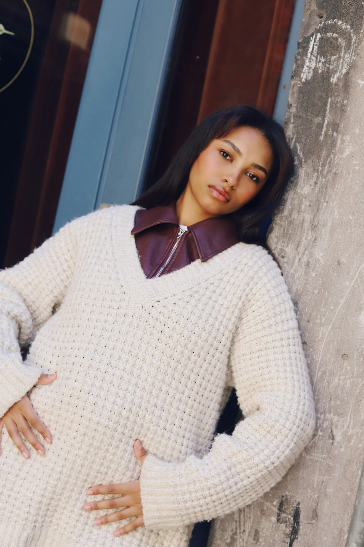 Barf Waffle-Knit Collared Sweater in Ivory — view 1
