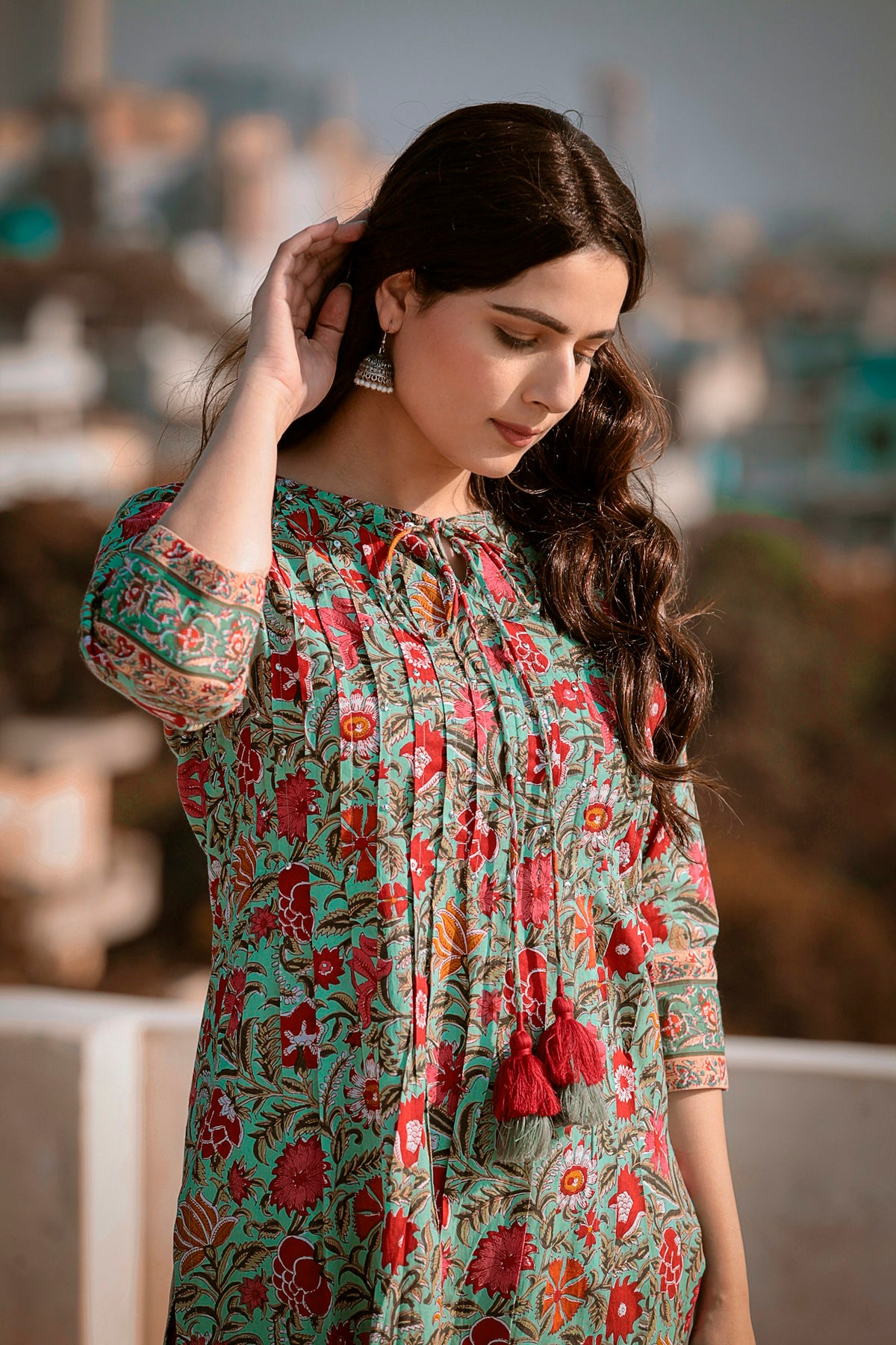 Gulnar Rose Block-Print Dress in Mint Rose — view 1