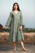 Hara Bell-Sleeve Tiered Midi in Green — view 1