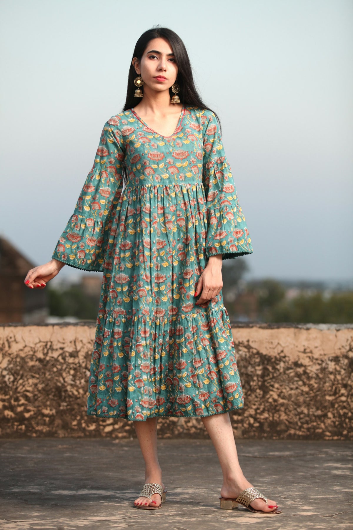 Hara Bell-Sleeve Tiered Midi in Green — view 1
