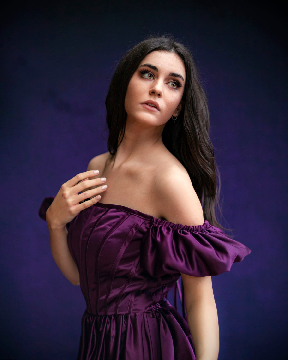 Jamuni Off-Shoulder Ruffle Gown in Purple — view 1