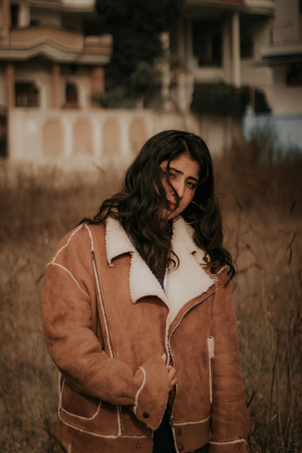 Kasturi Shearling Aviator Jacket in Tan — view 1