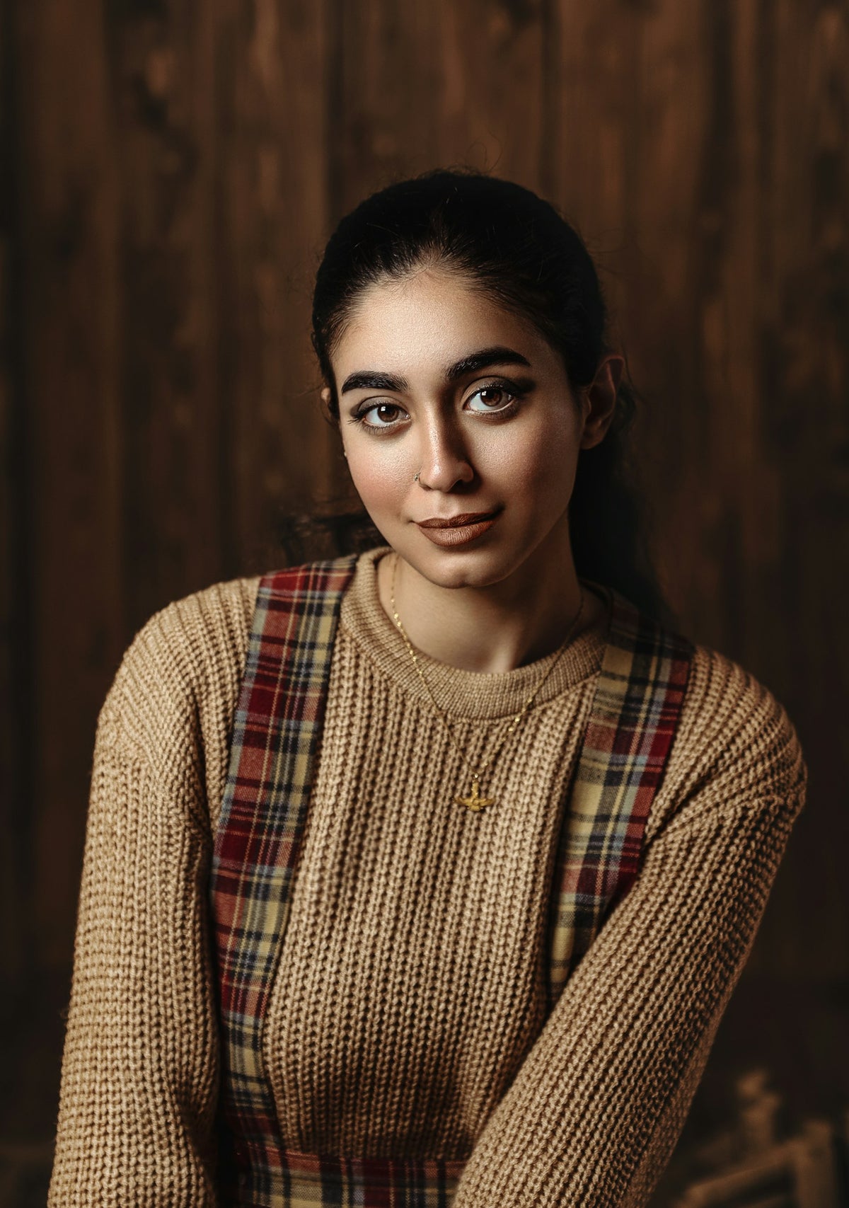 Kesari Plaid-Panel Sweater in Camel — view 1