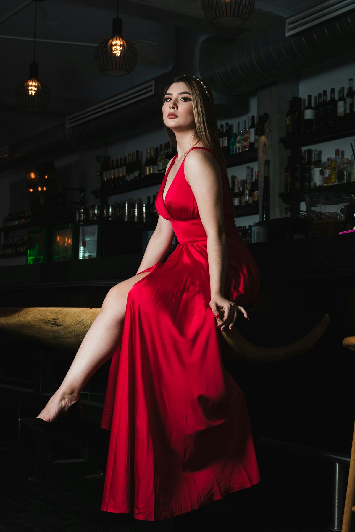 Laal Slit Satin Gown in Red — view 1