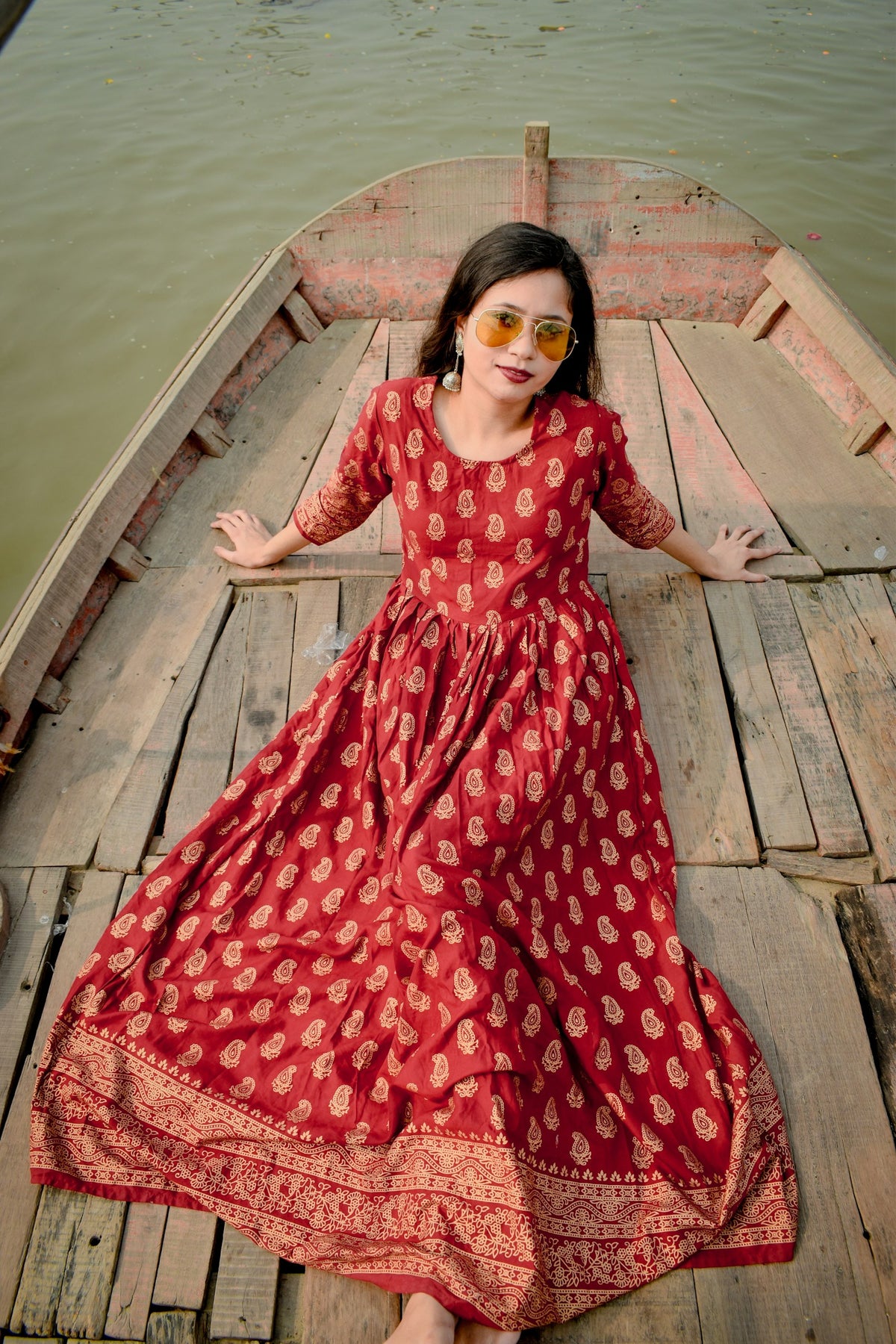 Mahi Block-Print Anarkali Maxi in Red — view 1