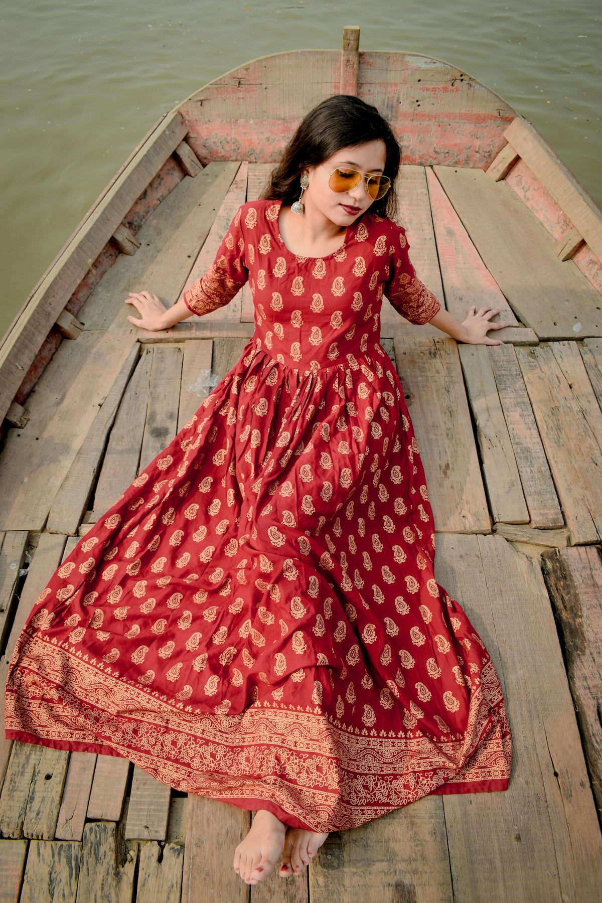 Mahi Block-Print Anarkali Maxi in Red — view 2