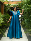 Mor Satin Kaftan Gown in Peacock Blue — view 1