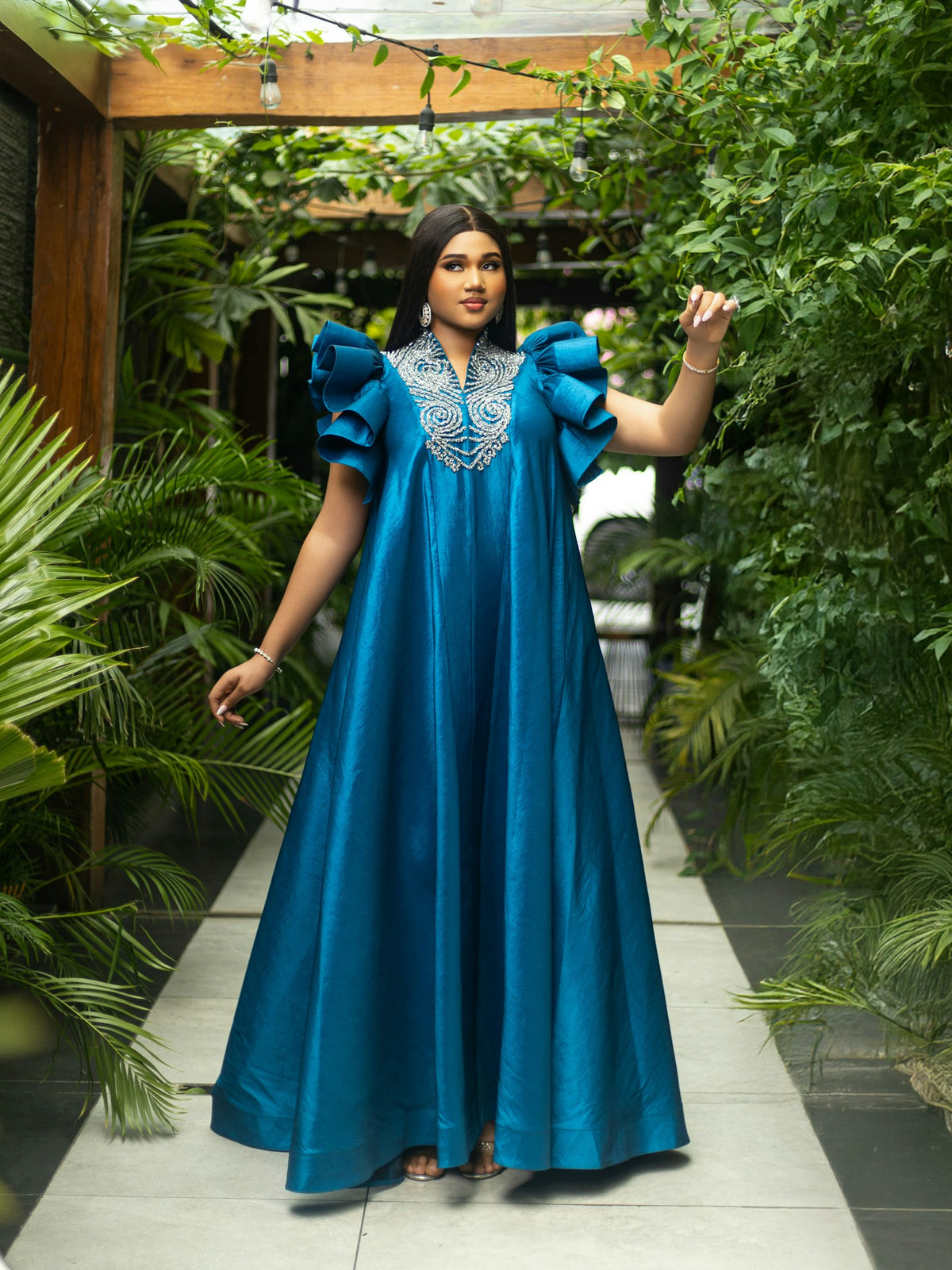 Mor Satin Kaftan Gown in Peacock Blue — view 1