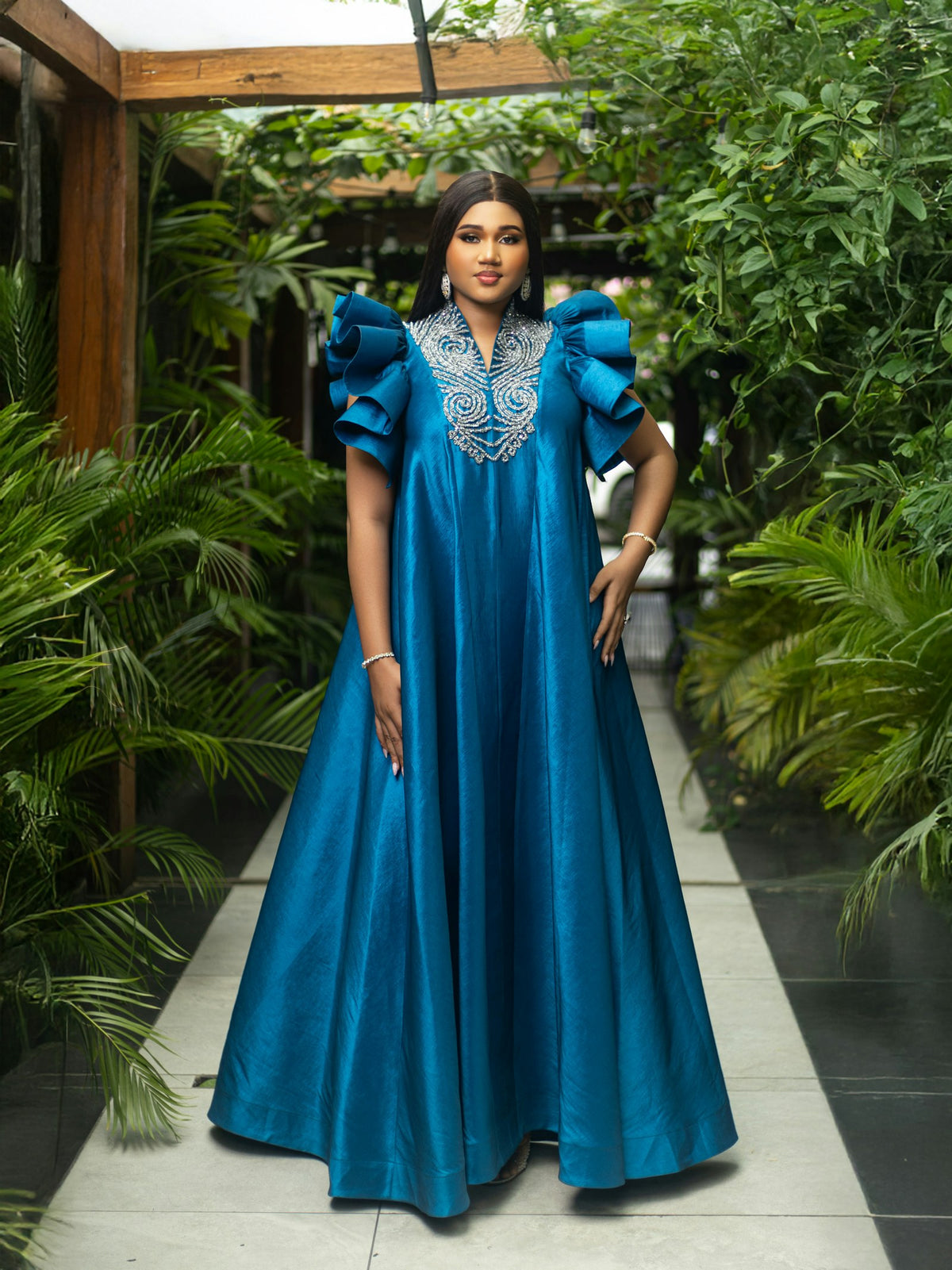 Mor Satin Ruffle-Sleeve Gown in Peacock Blue — view 1