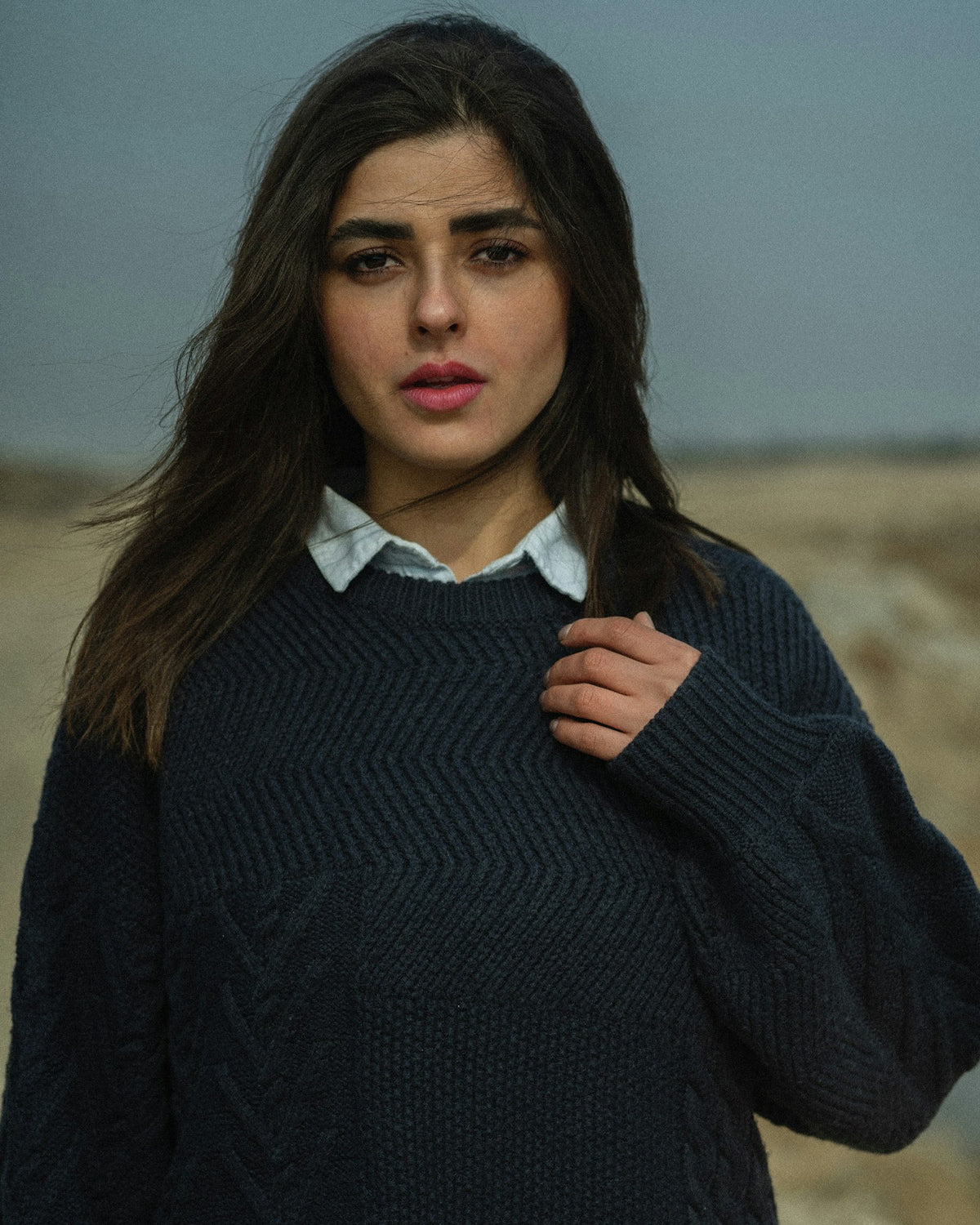 Neel Cable-Knit Collared Sweater in Navy — view 1