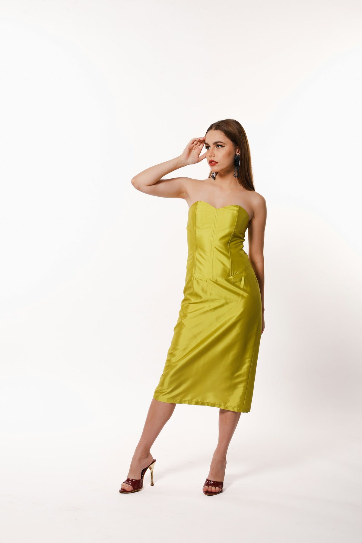Nimbu Satin Slip Midi in Chartreuse — view 1