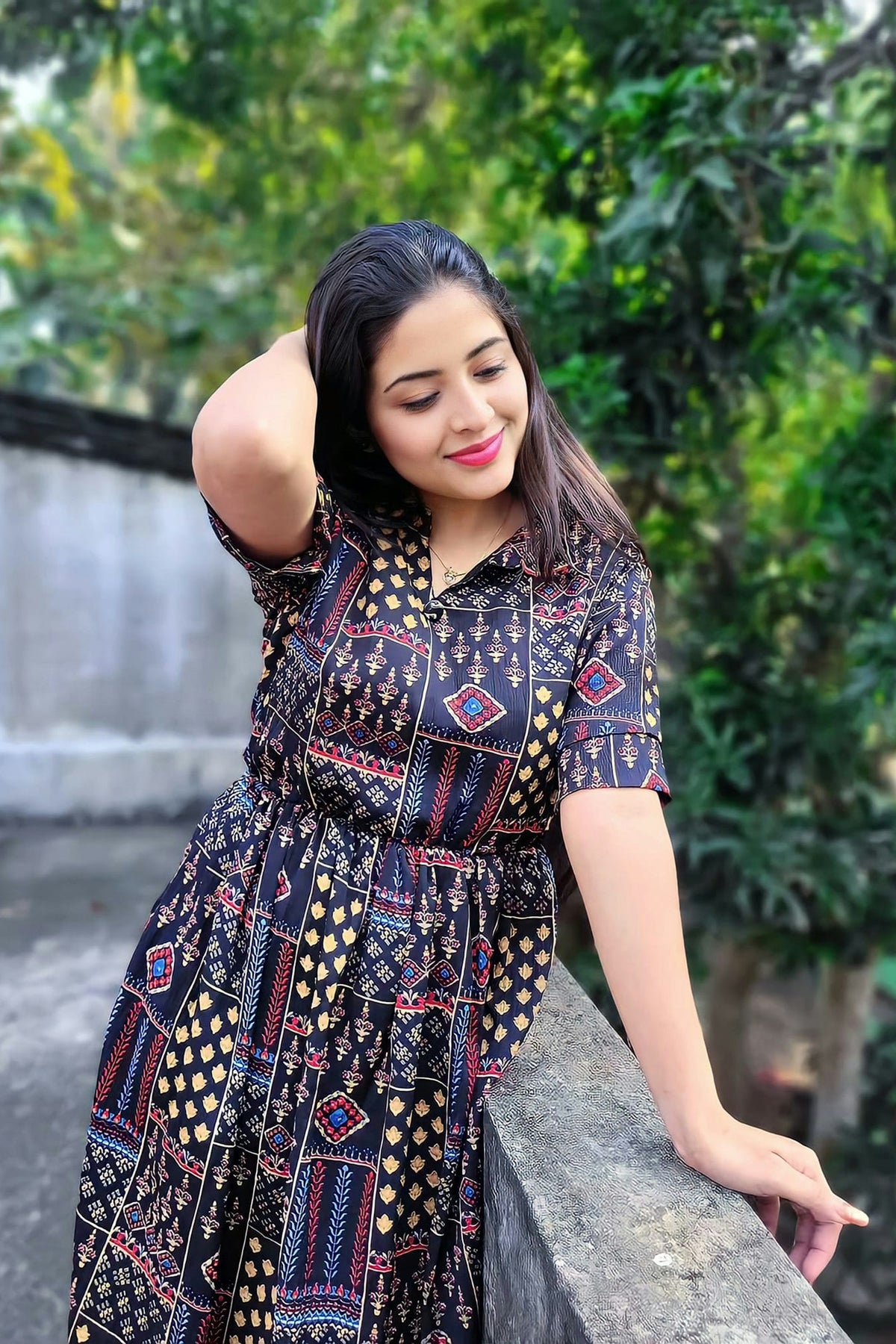 Noor Patchwork Shirt Midi in Navy — view 1