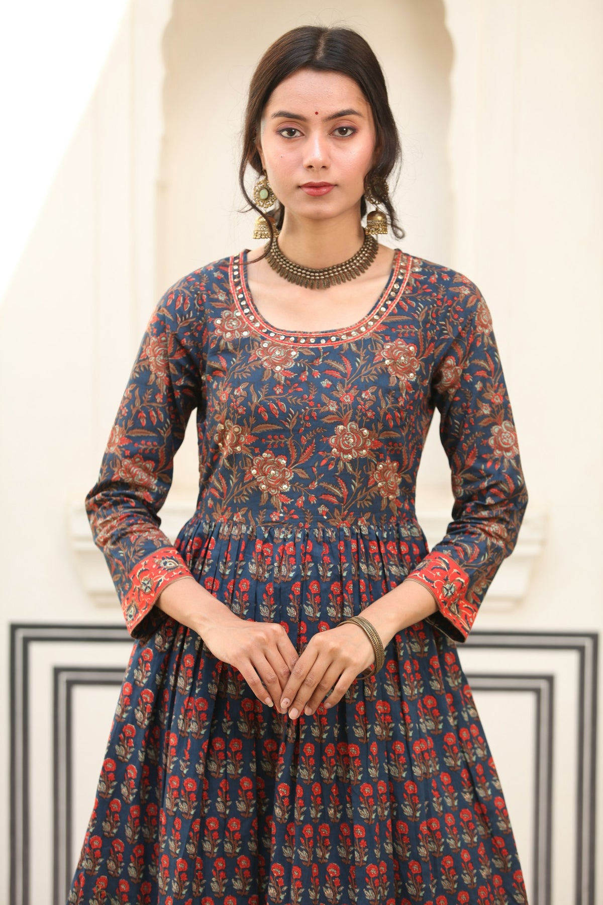 Rangoli Embroidered Yoke Midi in Charcoal — view 1