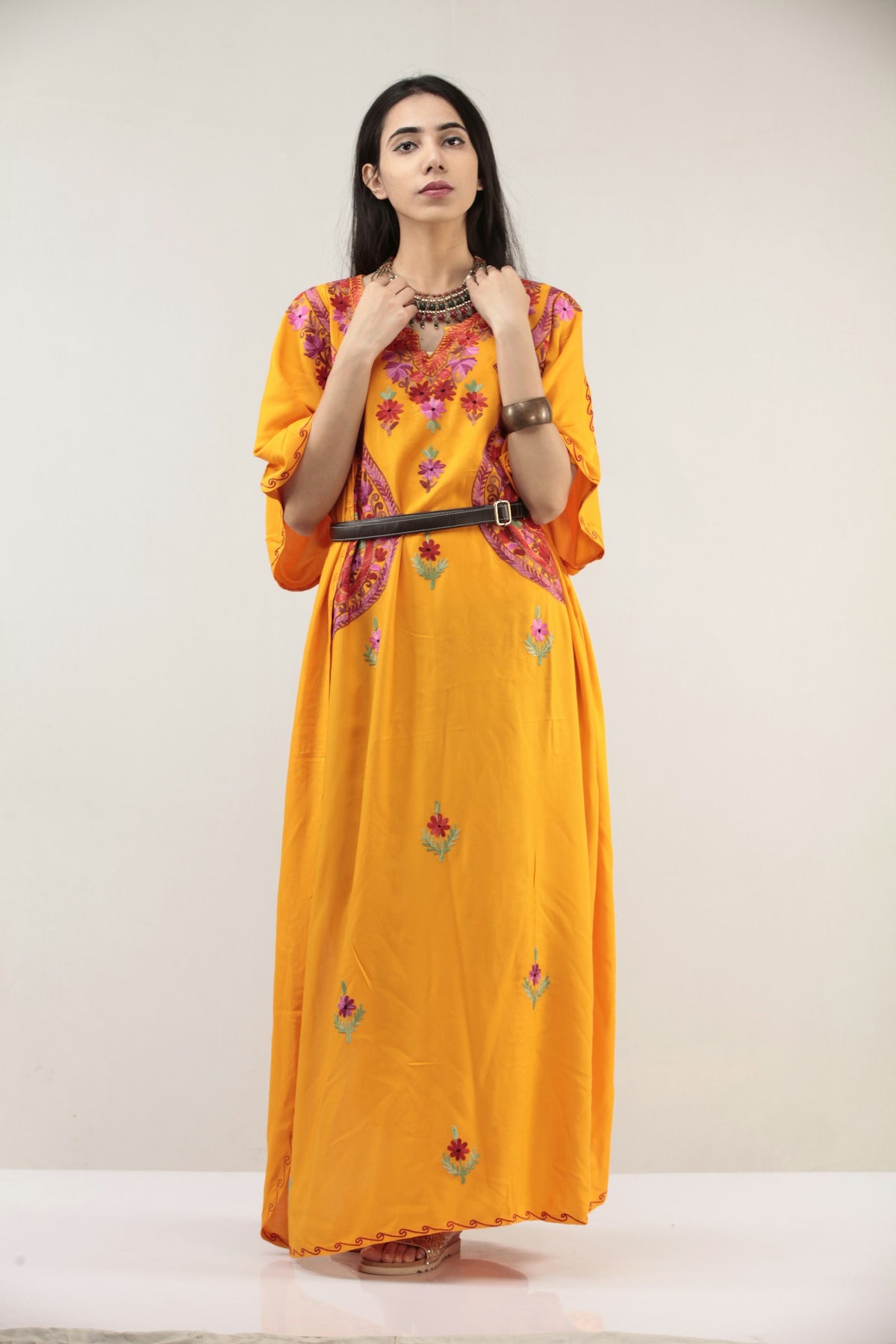 Sarson Embroidered Kaftan Maxi in Mustard — view 1