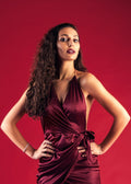 Sharaab Satin Wrap Dress in Wine — view 1