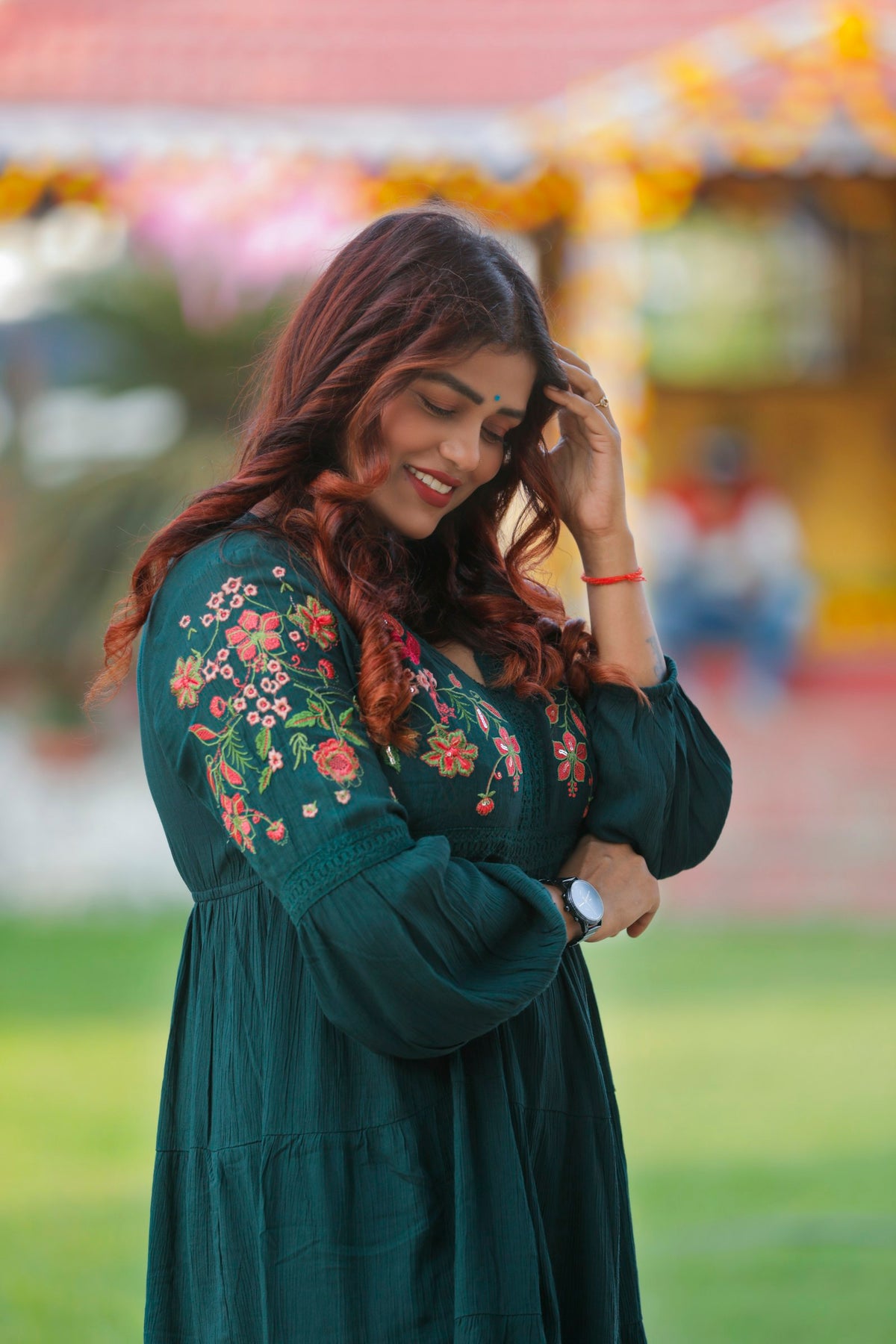 Van Embroidered Peasant Dress in Bottle Green — view 1